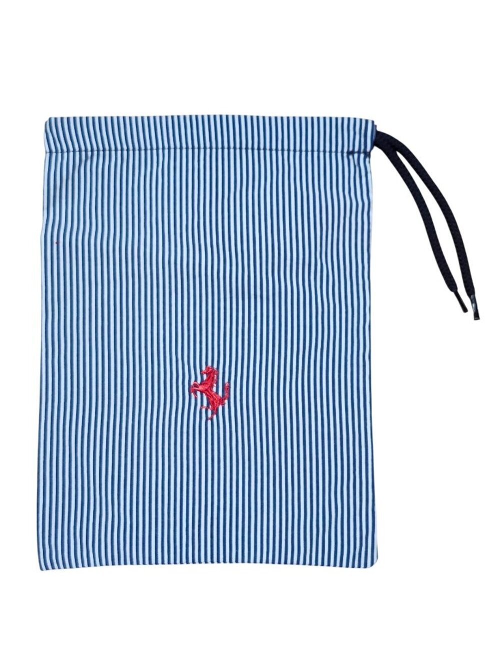 Ferrari Blue White Striped Cotton Drawstring Bag Prancing Horse Embroidered Logo